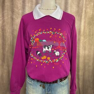 Vintage 90s Farmhouse Sweatshirt Collared Pigs Cows Sheep Magenta Cottagecore